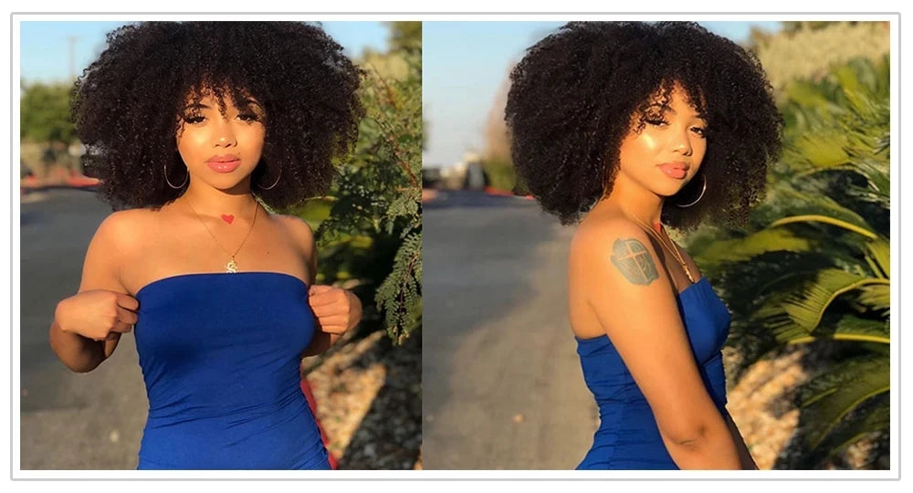 Afro Kinky Curly Wigs with Bangs 250% Density Brazilian Remy Human Hair Full Machine Made Wigs Short Afro Curly Wigs For Women