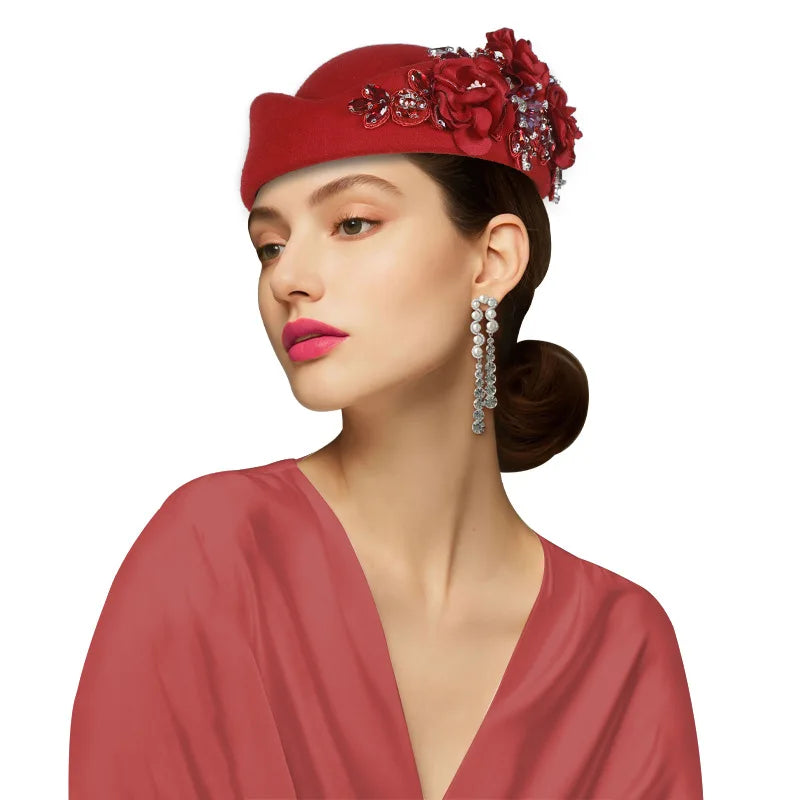 Elegant Felt Turban Hat Vintage Rhinestone Flower Church Beret Hat For Women Air Stewardess Party Cosplay Cap Costume Accessory