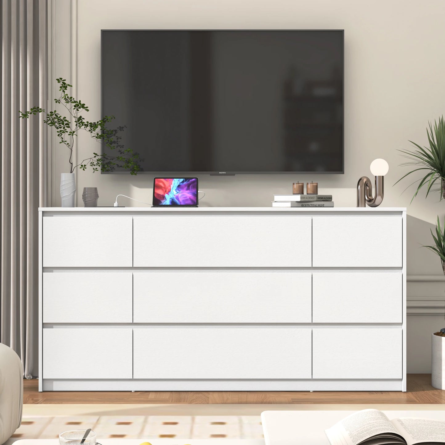 9 Drawer Dresser for Bedroom with Charging Station, 63" Modern Large Wood Chest of Drawers Handle Free, Black/White
