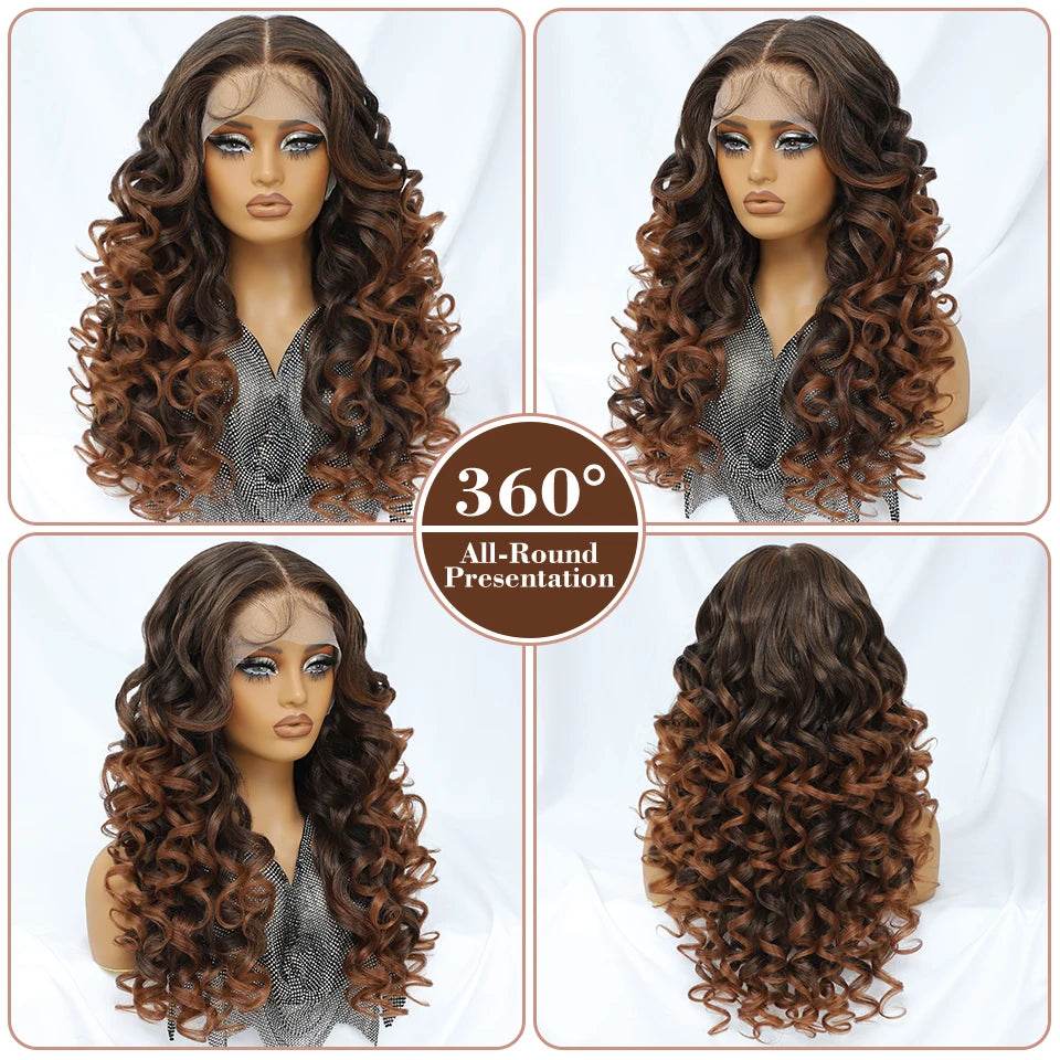 Latisha 13X6 HD Synthetic Lace Front Wigs Curly Pre Plucked Lace Frontal Wig with Bangs for Women Highlight with Babyhair 24Inch