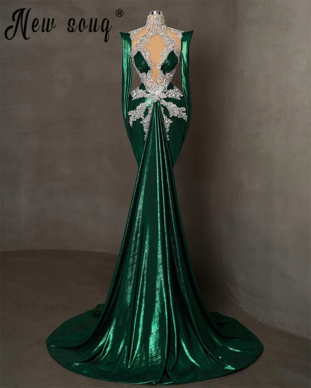 Emerald Green Arabic Long Evening Dress Heavy Handmade Crystals Birthday Pageant Prom Dress Women Wedding Party Dress Customized