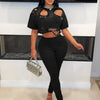 Joskaa Elegant 2 Piece Set Women Sexy Hollow Pin Short Sleeve Crop Tops and Pencil Pants Matching 2025 Summer Party Club Outfits