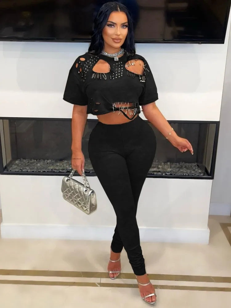 Joskaa Elegant 2 Piece Set Women Sexy Hollow Pin Short Sleeve Crop Tops and Pencil Pants Matching 2025 Summer Party Club Outfits