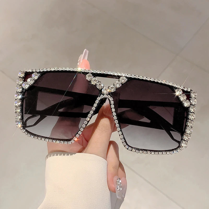 KAMMPT Rhinestone Shine Brand Design Sunglasses Fashion Women Grey Sun Glasses Trendy Decoration Sun Shades for Party Driving