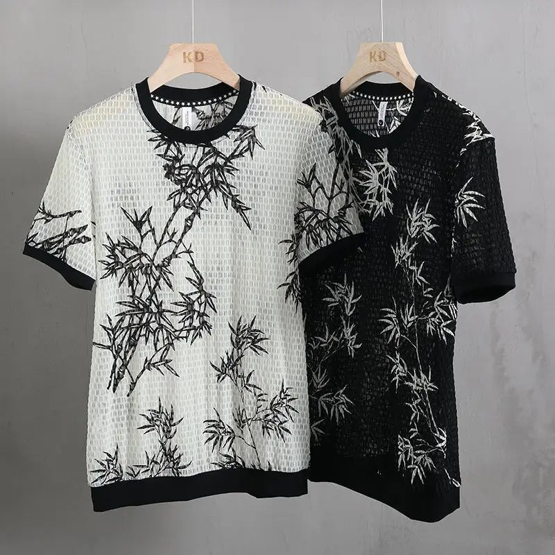 Simplicity Trendy Summer Men's O-Neck Printing Hollow Out Gauze Fashion Casual All-match Loose Short Sleeve T-Shirts Tops