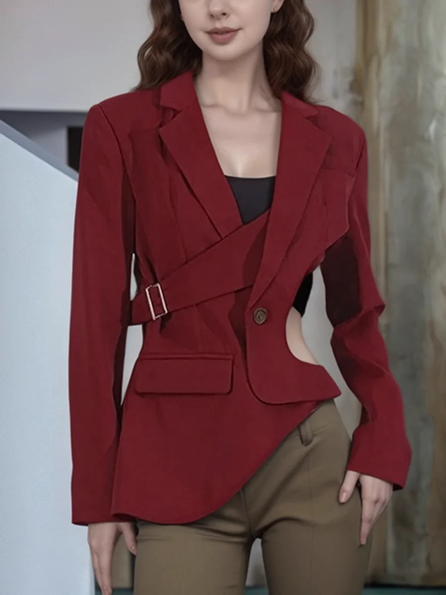 TWOTWINSTYLE Hollow Out Backless Slimming Blazers For Women Notched Collar Long Sleeve Spliced Button Irregular Blazer Female