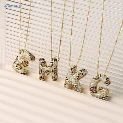 MHS.SUN New Leopard Bubble Letter Necklace Gold Plated Chunky Bubble Zircon 26 Initial Pendant Necklace Women Fashion Jewelry