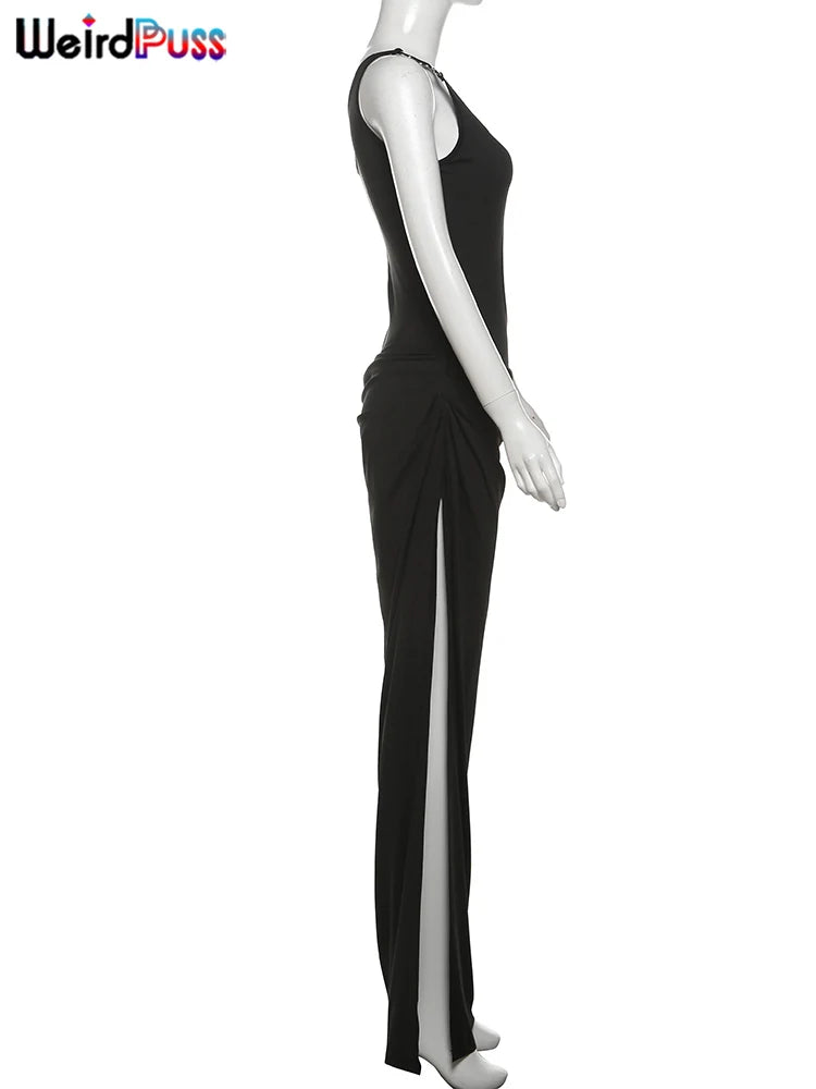 Weird Puss Metal Buckle Dress Women Irregular Hollow Split One Shoulder Skinny Ruched Waistless Midnight Clubwear Maxi Bodycon