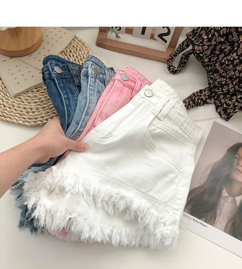 ITOOLIN Women Vintage Tassels Denim Shorts Button Loose High Waist A-line Jean Shorts Casual Women Office Trousers Streetwear
