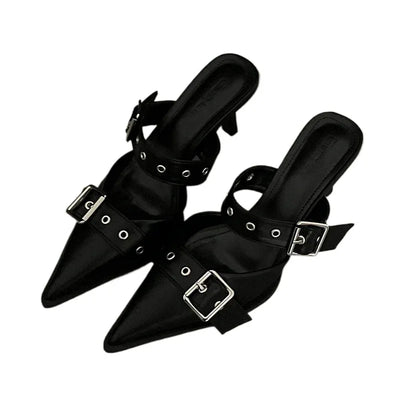 Punk Goth Metal Buckle High Heels Women's Sandals Summer  Pointed Toe Silver Party Shoes Fashion Womens Pumps Shoes Tacones