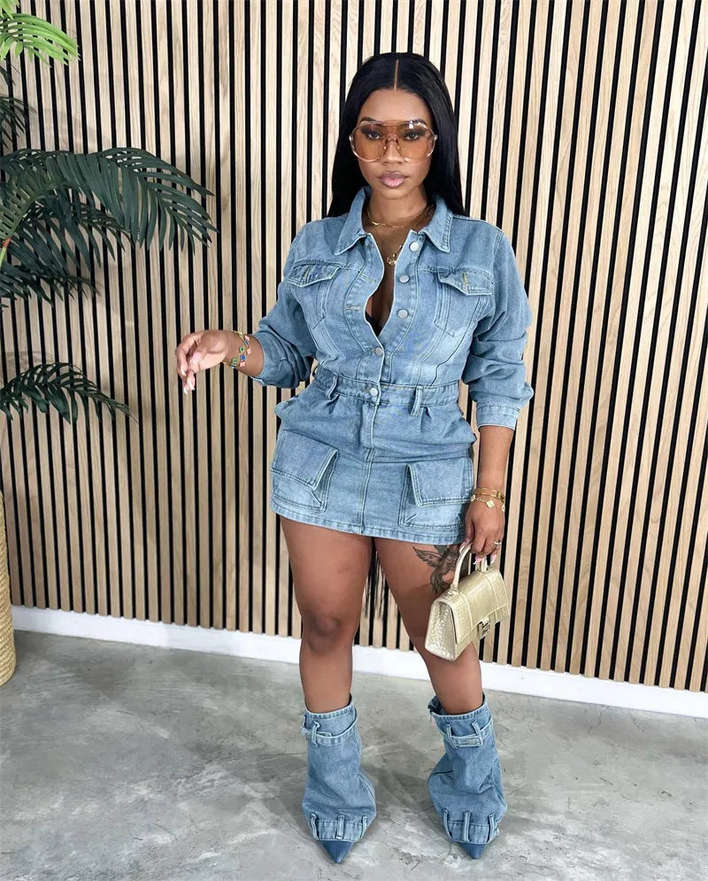 FAGADOER Fashion Button Long Sleeve Denim Mini Dress Women Turndown Collar Pocket with Leg Cover Clothing Female Cowboy Vestidos