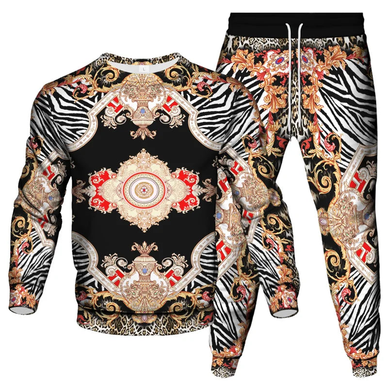 Vinatge Luxury Baroque Style Clothing Suit Men Jogging Pant Sweatshirt 2 Piece Set New Women Fashion Streetwear Tracksuit Set