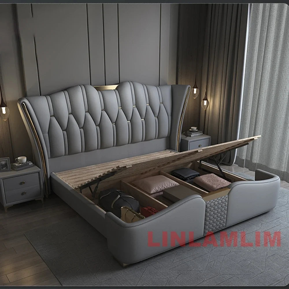 MINGDIBAO Luxury Modern Upholstered Bed Frame with Gold Accents, Genuine Leather Designer Bed, Queen/King Size Bedroom Furniture