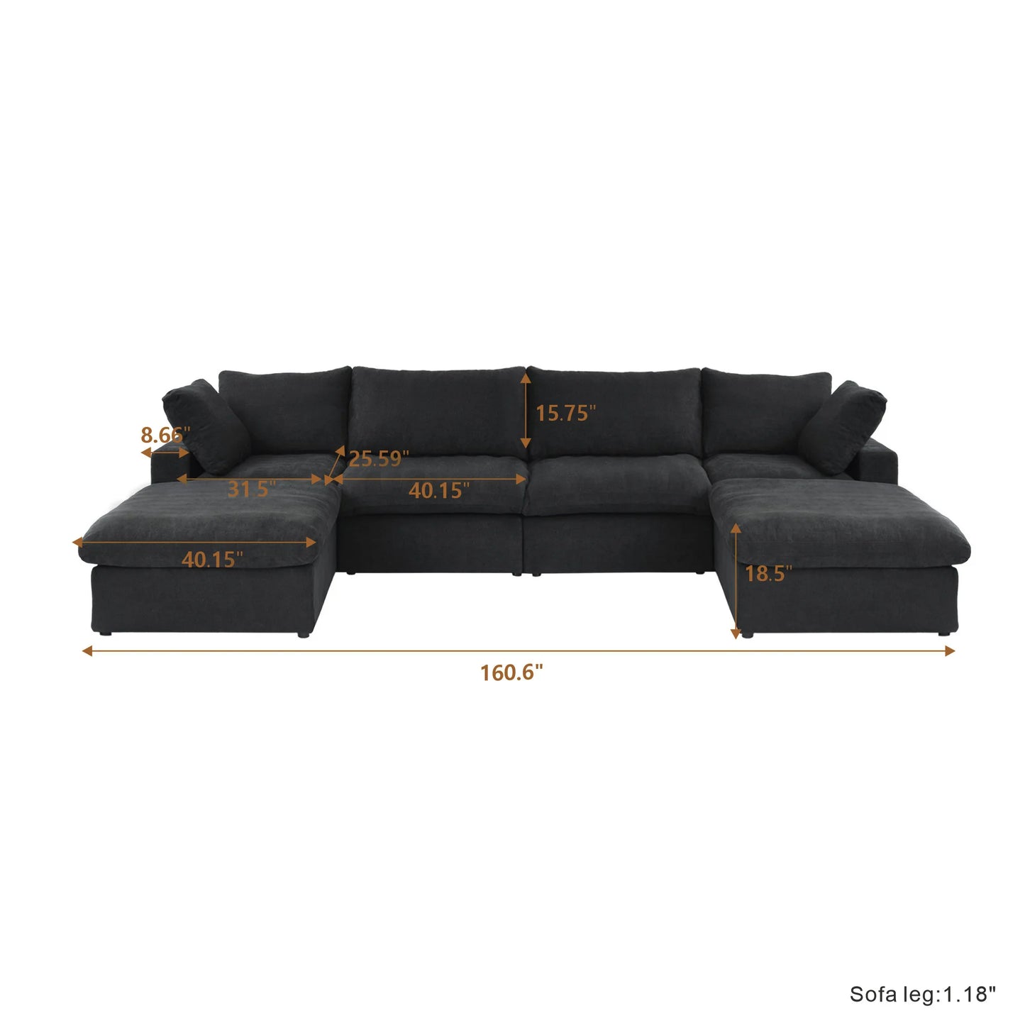 Cloud Modular Sectional Sofa with 2 Storage Ottomans 160.6" Down Filled Comfort U Shaped Sofa Minimalist Wide Deep Seat Couch