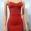 Dresses For Women 2022 Autumn Red Sexy Glamorous Party Rhinestone Sheer Mesh Spaghetti Strap V-Neck Bodycon Mini Cami Dress