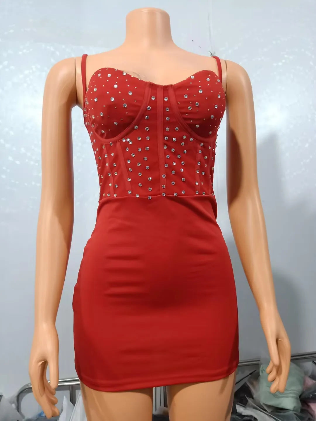 Dresses For Women 2022 Autumn Red Sexy Glamorous Party Rhinestone Sheer Mesh Spaghetti Strap V-Neck Bodycon Mini Cami Dress