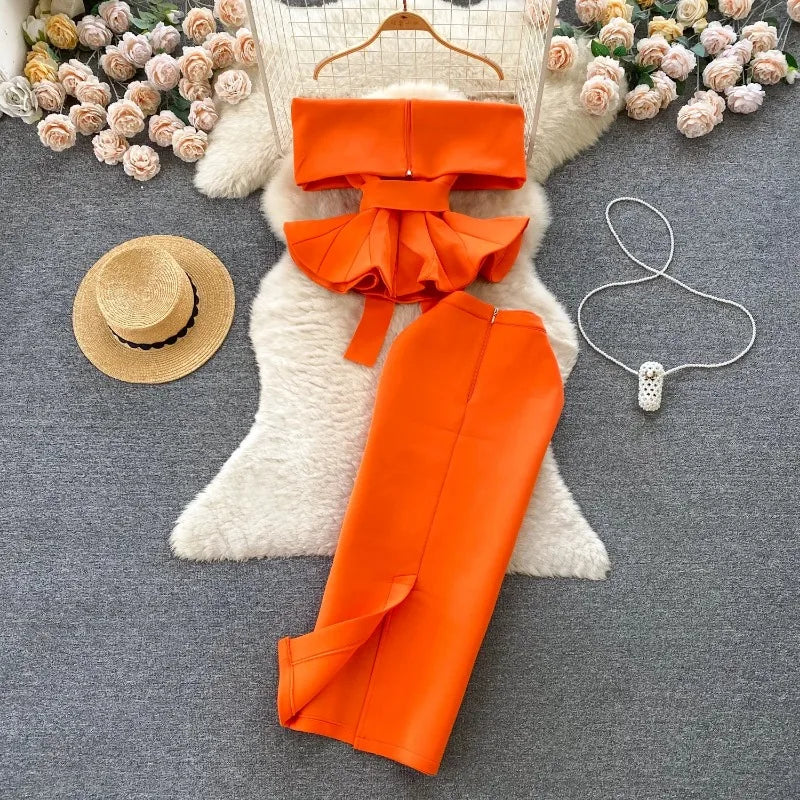 Women Vintage Two Pieces Skirt Sets Women Long Sleeve Sexy Slash Neck Bandage Ruffle Blouse Top and High Waist  Hip Wrap Skirt