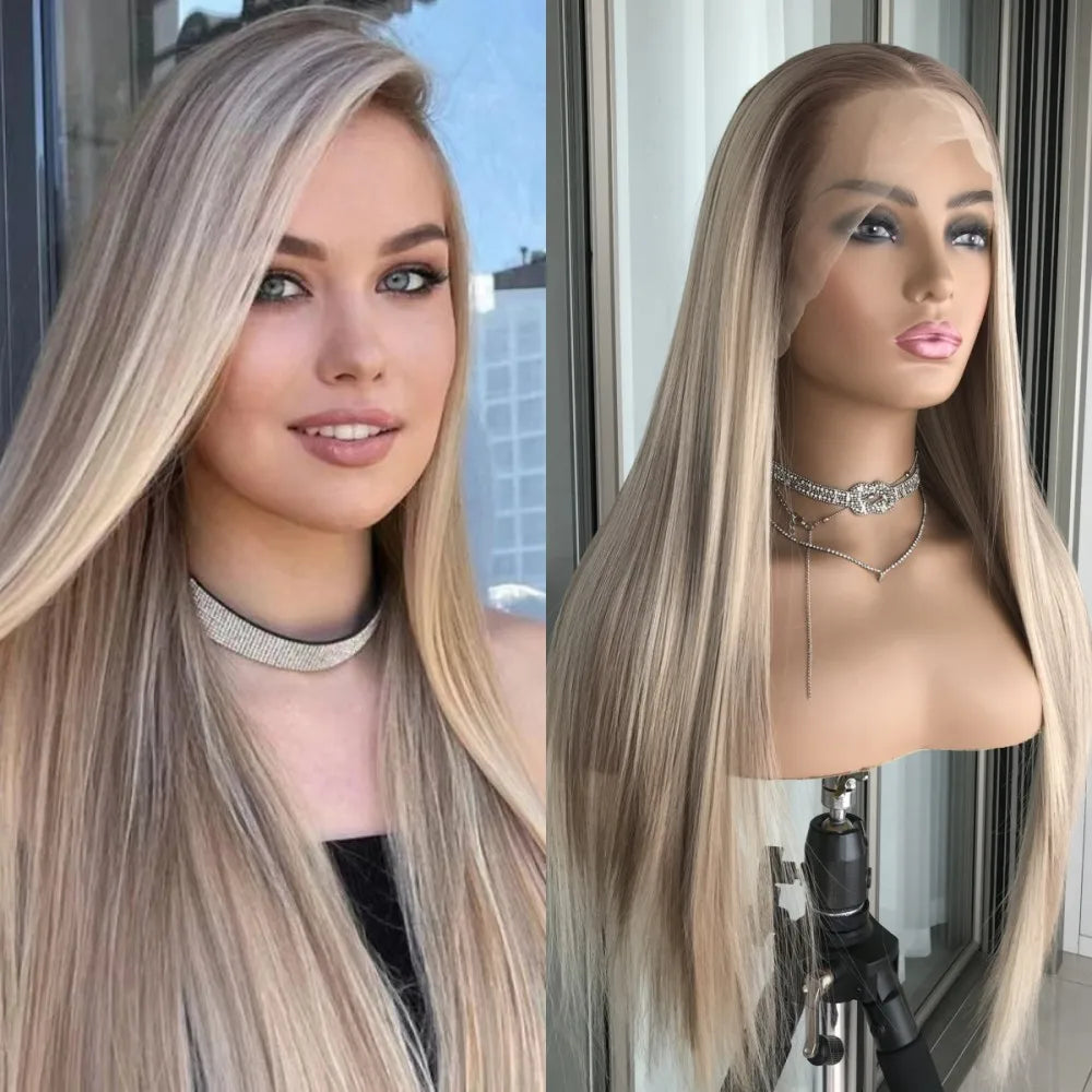 13x6 Lace Front Wig Highlight Brown Straight Synthetic Hair Lace Wigs for Women Free Part Glueless Wig with Pre plucked Hairline