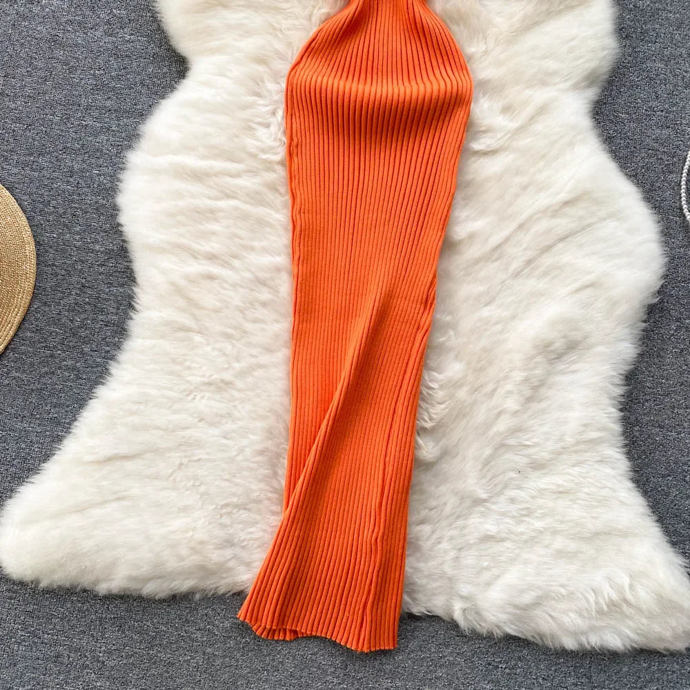 Summer V Neck Knit Sexy Strap Dress Women Elatic Waist Bodycon Sundress Female Beach Backless Maxi Long Dress