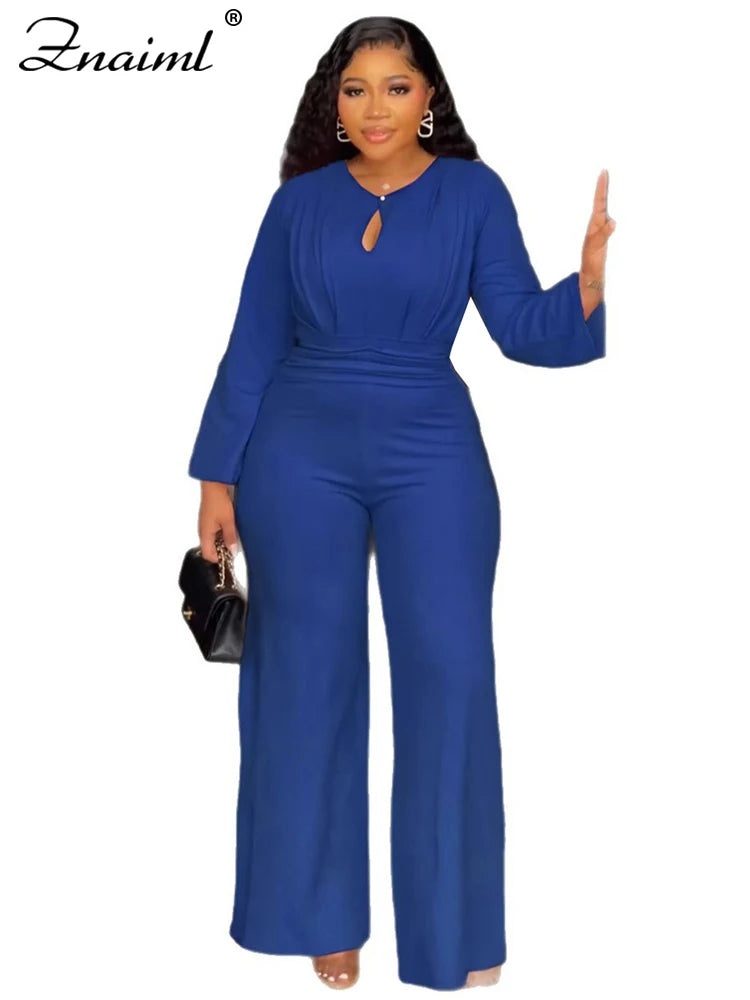 Znaiml Women O Neck Long Sleeve Straight Wide Leg Pants Rompers Office Lady Jumpsuits Pink Loose One Piece Overalls Streetwear