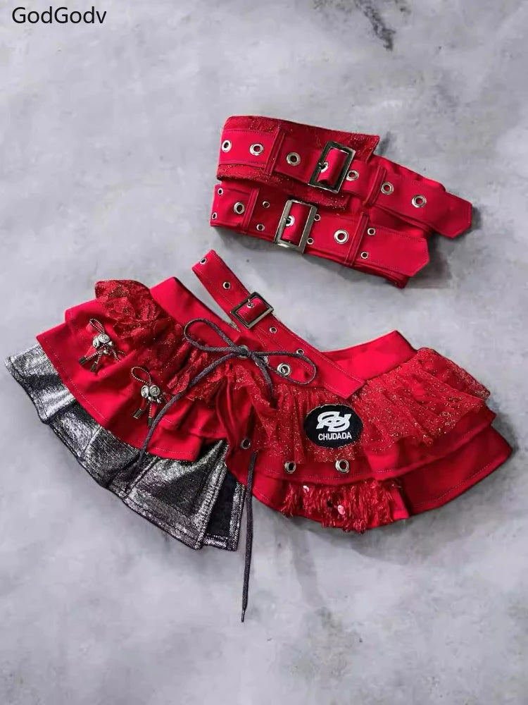 Punk Style Vintage Woman 2 Piece Sets Y2k Design Strapless Crop Tops + High Waist Ruffle Skirt Female Party Korea Style Outfits
