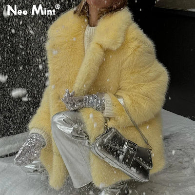 Neo Mint Women Winter 2024 High Quality Luxury Faux Fur Coat Thicken Warm Overcoat Outerwear Hot Girls Solid Long Fox Fur Jacket