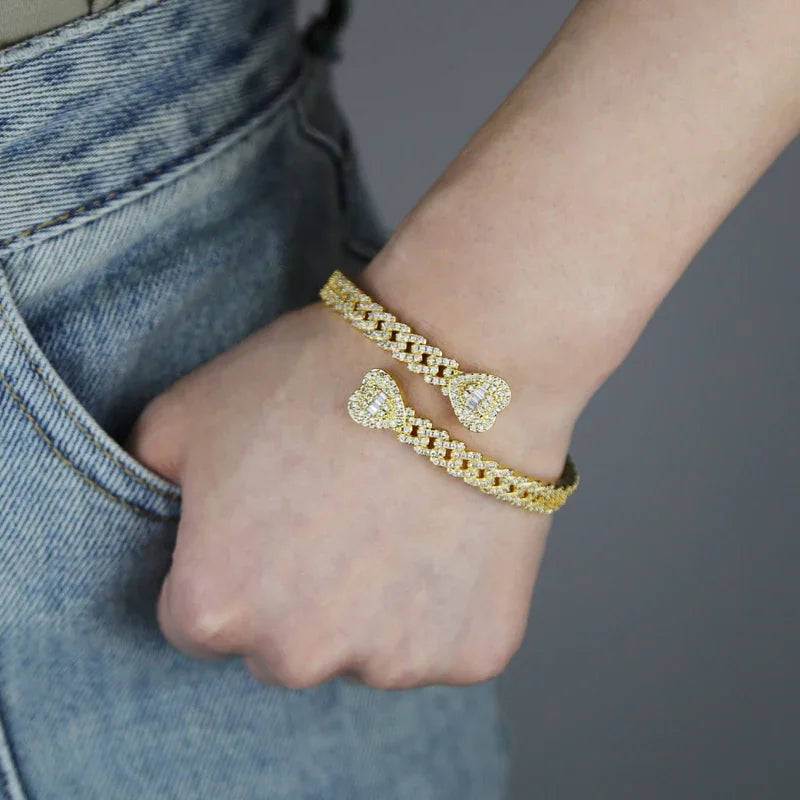 Iced Out Cuff Bangle Paved Setting Bling Cz Cubic Zirconia Wrist Cuban Chain Link Bracelets Fashion Hip Hop Jewelry for Women