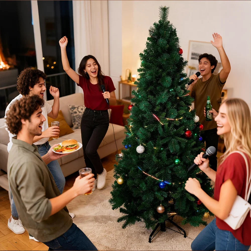 180/210/240cm Pop Up Pre-Lit Christmas Tree,Artificial Pine Needle & PVC Mixed Tree with Iron Base,Easy Setup Holiday Decoration