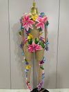 2025Sparkly Rhinestones 3D Flower Nude Mesh Transparent Jumpsut Women Evening Party Birthday Nightclub Performance Stage Costume