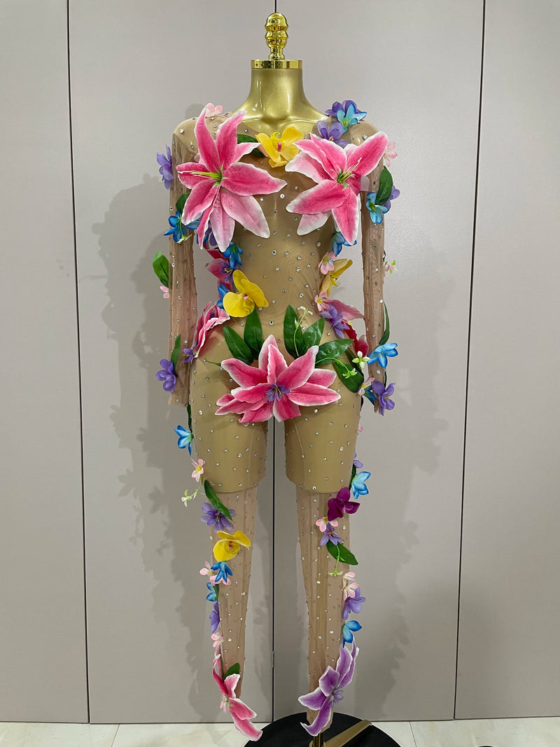 2025Sparkly Rhinestones 3D Flower Nude Mesh Transparent Jumpsut Women Evening Party Birthday Nightclub Performance Stage Costume