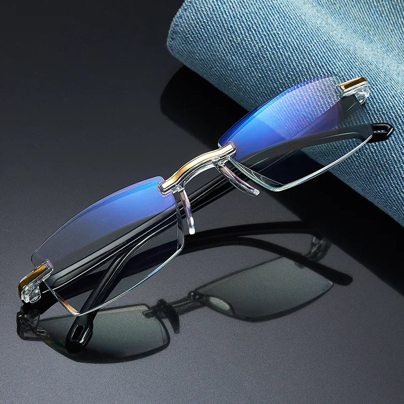 Men Blue Light Blocking Reading Glasses Women Dimond Cutting Rimless Eyeglasses Frame Anti Fatigue Hyperopia Presbyopic Eyewear