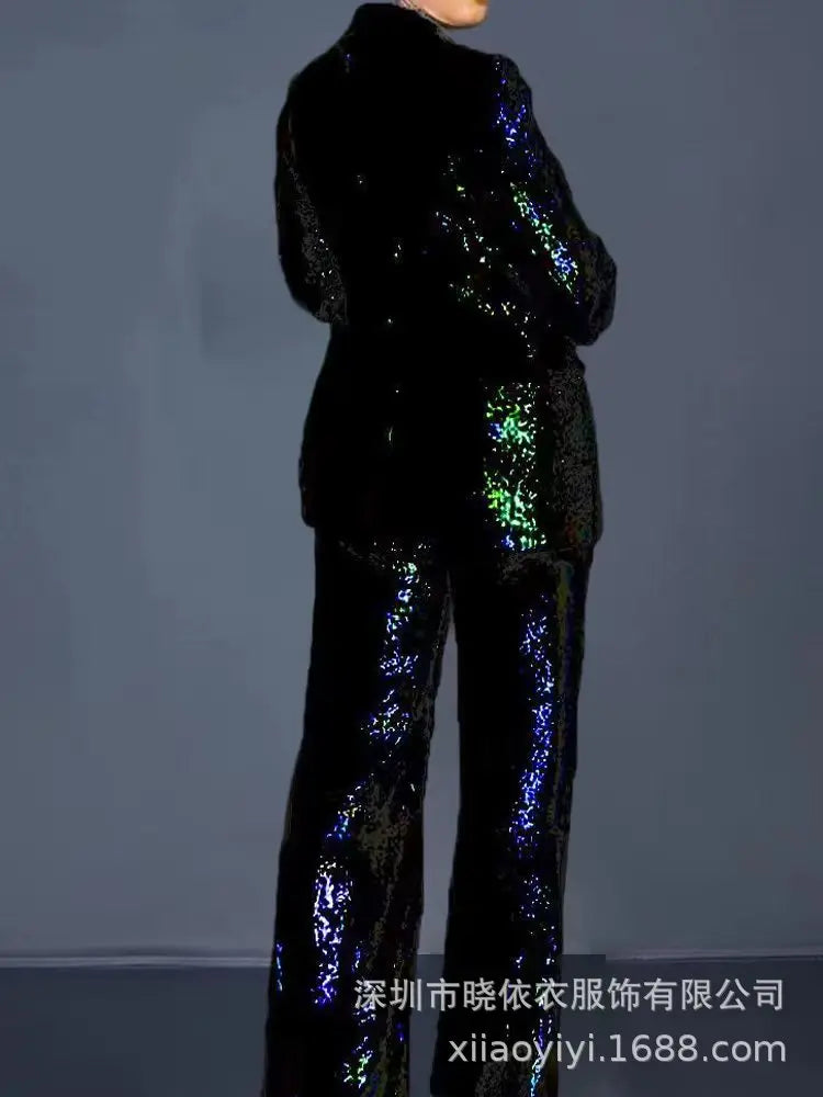 Women Two Piece Sets Sequin Blazer V Neck Full Sleeve Coats Temperament Slim Fit Casual High Waist Wide Leg Long Pants Suits