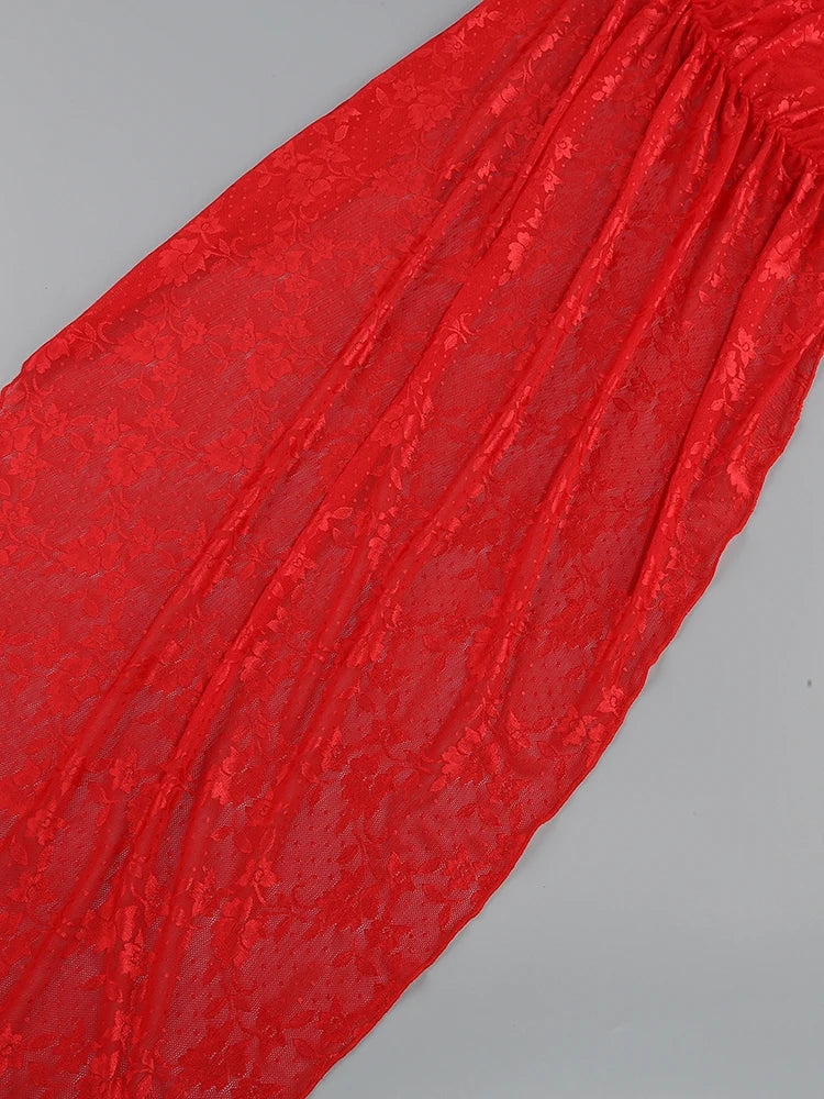 New Sexy Gloves Long Sleeves Cutout Pleated Draped Mini Dress Women Red/White Lace Floral Bodycon Dresses Party Cocktail Club
