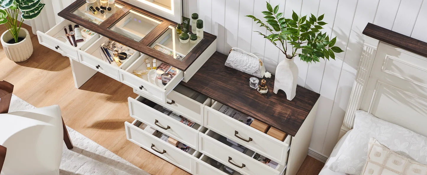 69" W rustic wood bedroom dresser with glass top, 9 large storage drawers, 3 color usable lights and 30 "HD Led mirror