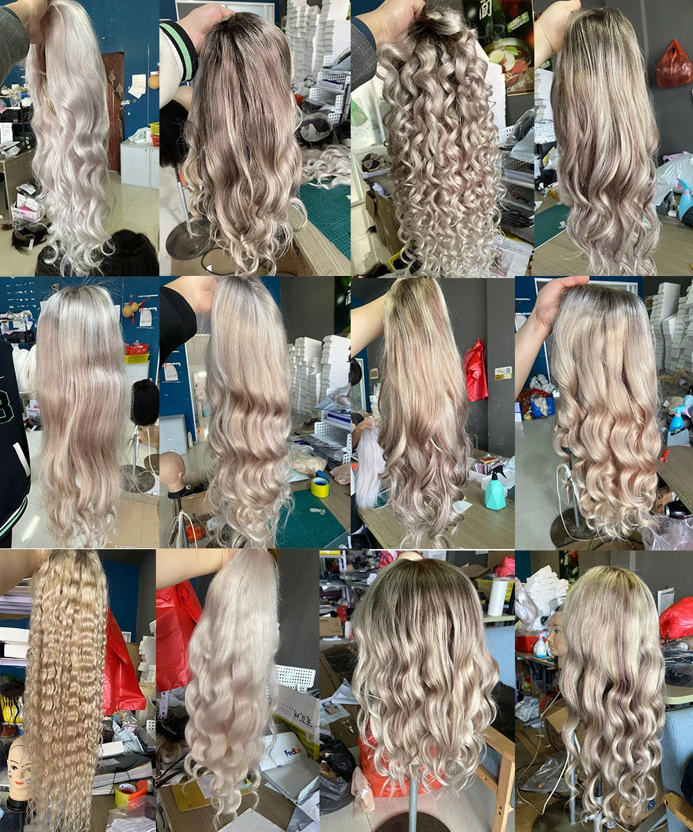 Ash Blonde Balayage Ombré Roots Cute Bangs Wig 100% Premium Virgin Human Hair HD Lace Front Wig 150 Density Straight Bob Wig