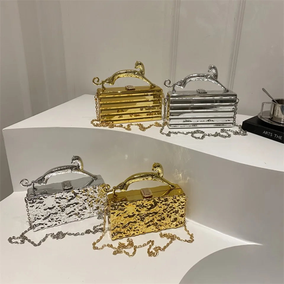 Leopard handle Luxury Gold Silver Party Evening Bag For Women Chain Clutch Handbags And Purses Mini Crossbody Shoulder Phone Bag