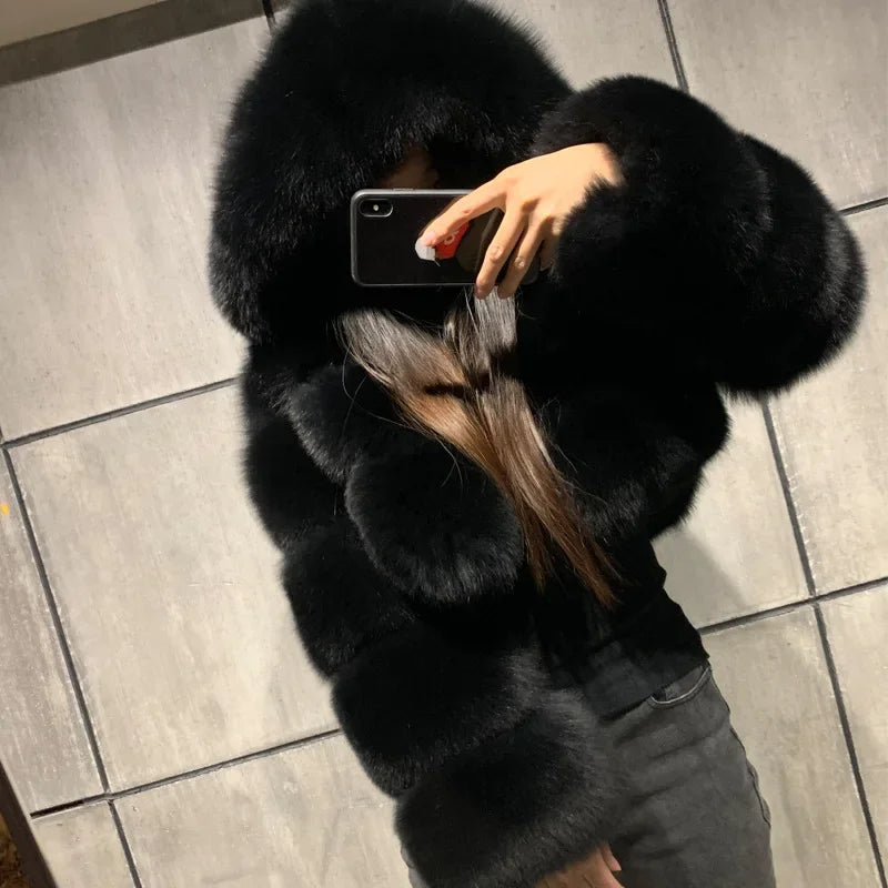 Women Warm Faux Fur Coat Winter Vintage Gradient Jacket Furry Outerwear Jackets Hooded Coats Plus Size Autumn Winter Streetwear