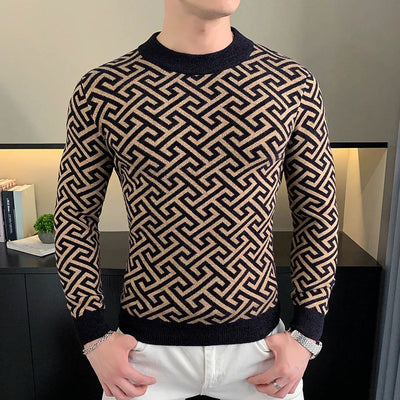 Autumn Winter Velvet Knitted Sweater Men's Long Sleeve Round Necked Sweater Slim Fit Casual Business Knitwear Tops Men Clothing