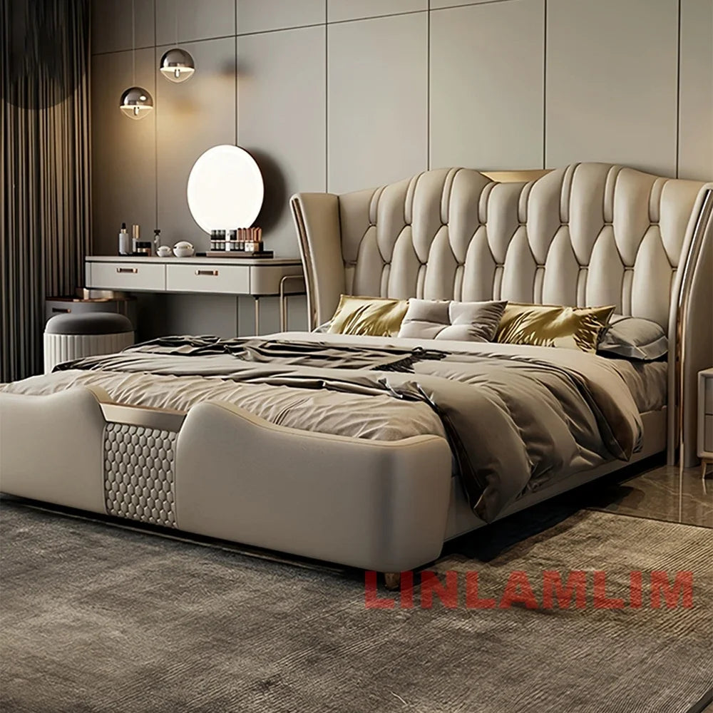 MINGDIBAO Luxury Modern Upholstered Bed Frame with Gold Accents, Genuine Leather Designer Bed, Queen/King Size Bedroom Furniture