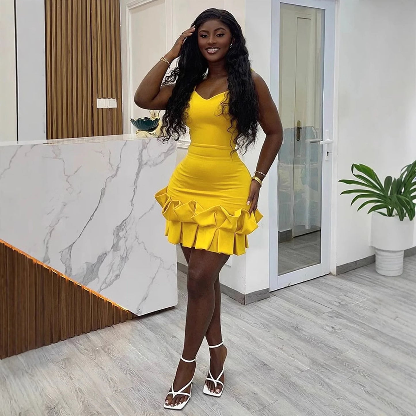 CM.YAYA Women Spaghetti Strap Sleeveless V-neck Mini Dress 2025 Summer Ruched Stacked Party Evening Night Club Chic Dresses