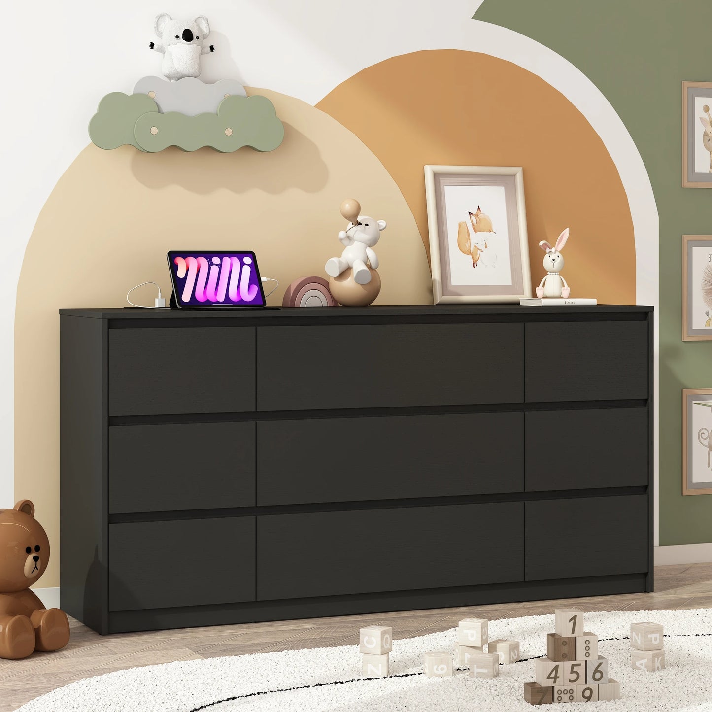9 Drawer Dresser for Bedroom with Charging Station, 63" Modern Large Wood Chest of Drawers Handle Free, Black/White