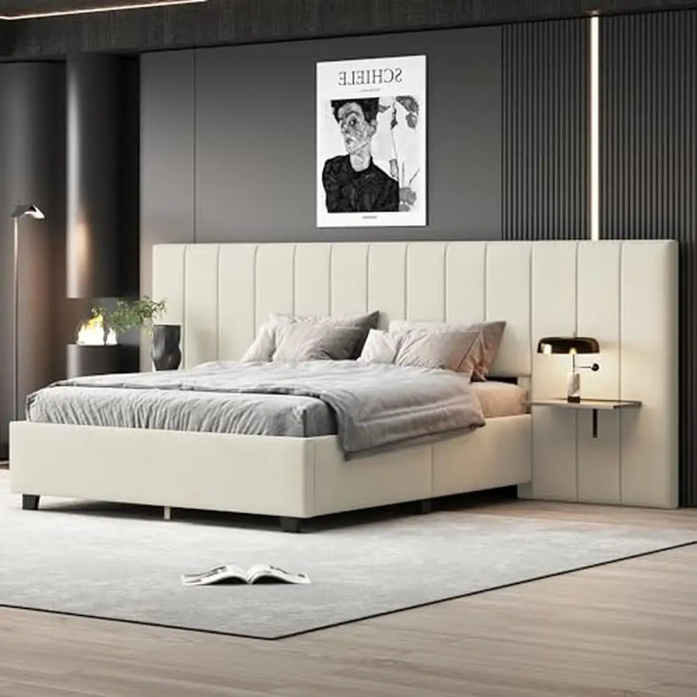 Queen Size Upholstered Platform Bed Velvet Fabric Big Headboard Wooden Frame Bedroom Storage Slat Support No Box Spring Needed