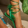 Eilyken Fashion Summer Rhinestone Feather Women Sandals Lace-up Cross-Tied Sexy Gladiator Square Toe Ladies High Heel Shoes