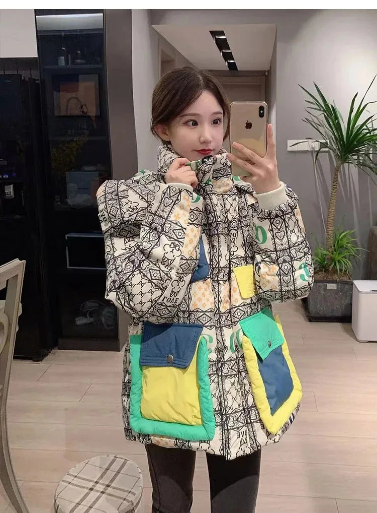 2023 European Station Winter New Down Jacket Women's Warm Fashion Short Color Patchwork Graffiti thick White Duck Down Coa