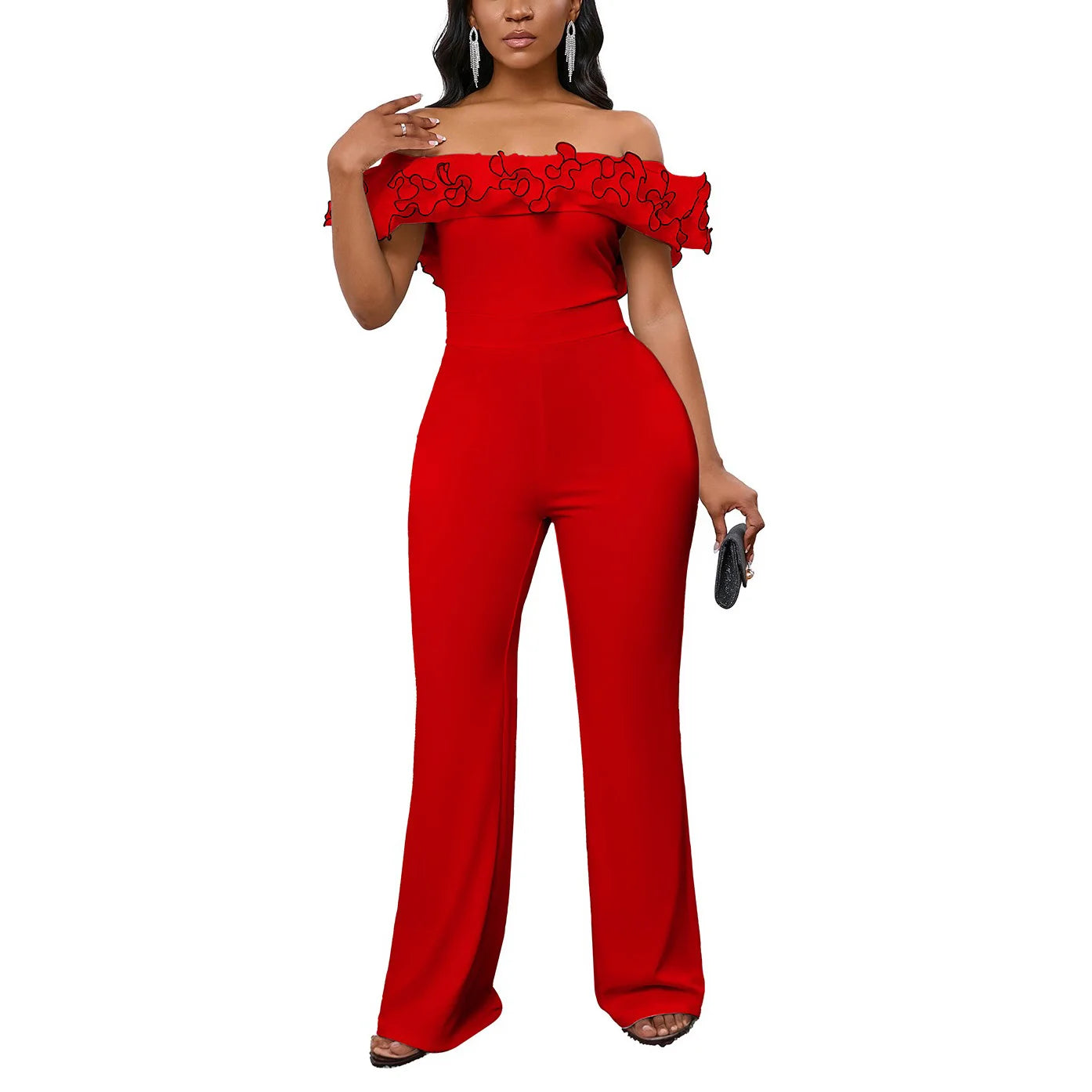 Luxury Jumpsuits & Rompers for Woman Off the Shoulder Ruffles Short Sleeve High Waisted Solid New Year 2025 Christmas Overalls
