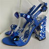 Luxury Diamond Crystal Decor Modern Sandals Women Blue And White Porcelain Print Ankle Strap Summer Shoes For Girls