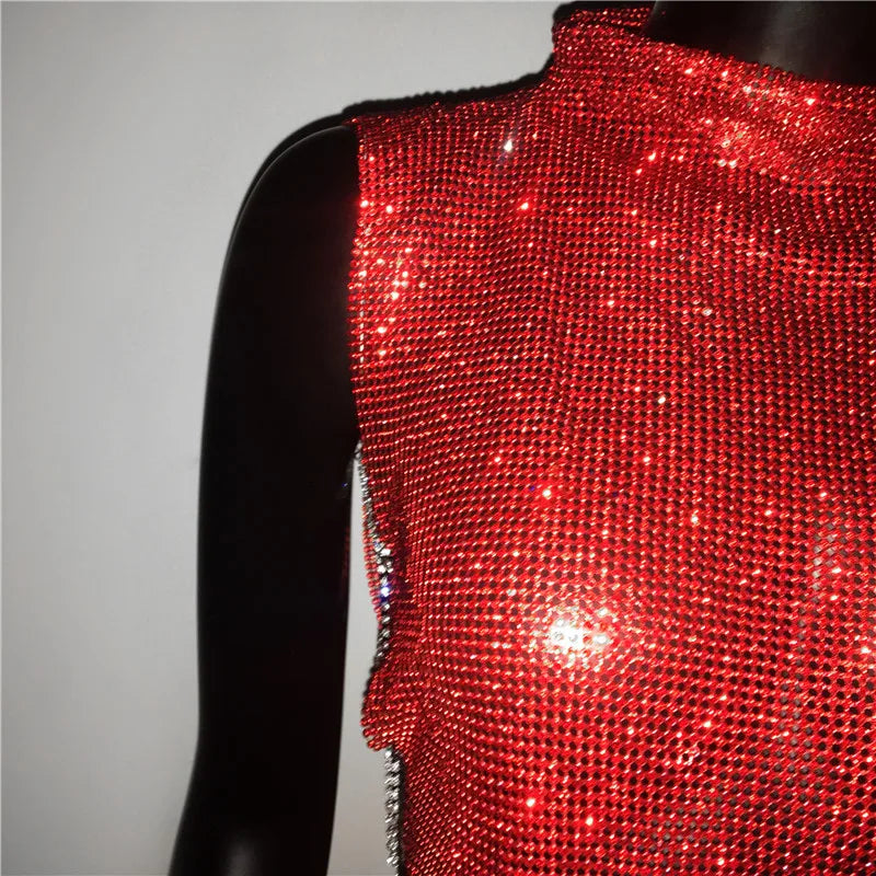 Sexy Rhinestone Backless Party Crop Top Women Glitter Turtleneck TShirt Adjustable Metal Chain Summer Nightculb Diamond Tank Top