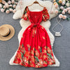 YuooMuoo Fashion Summer Flower Print Long Dress Women Vintage Square Neck Ruched Chest Sash Bandage Sundress Party Vestidos
