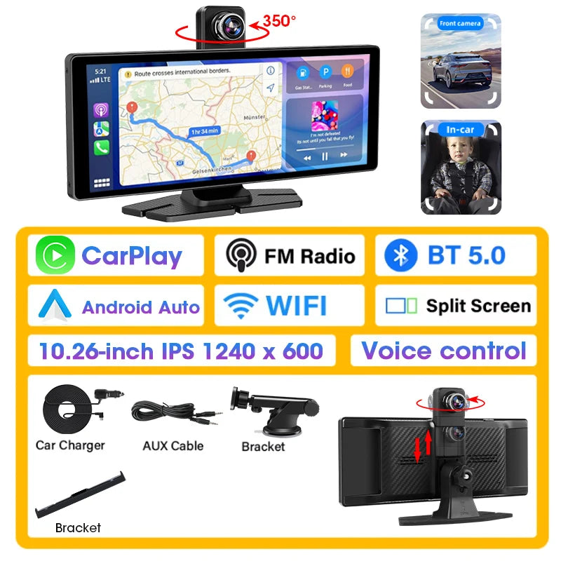 Develuck 10.26" Car DVR 350° Adjustable Carplay Android Auto Dash cam 4K Front&1080P Rear Camera Voice Control WIFI Dual lens FM