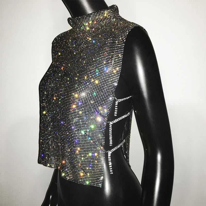 Sexy Rhinestone Backless Party Crop Top Women Glitter Turtleneck TShirt Adjustable Metal Chain Summer Nightculb Diamond Tank Top